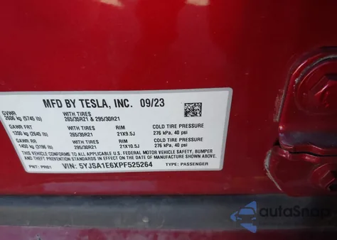2023 Tesla Model S Plaid Tri Motor All-Wheel Drive z USA, uszkodzony, nr VIN 5YJSA1E6XPF525264